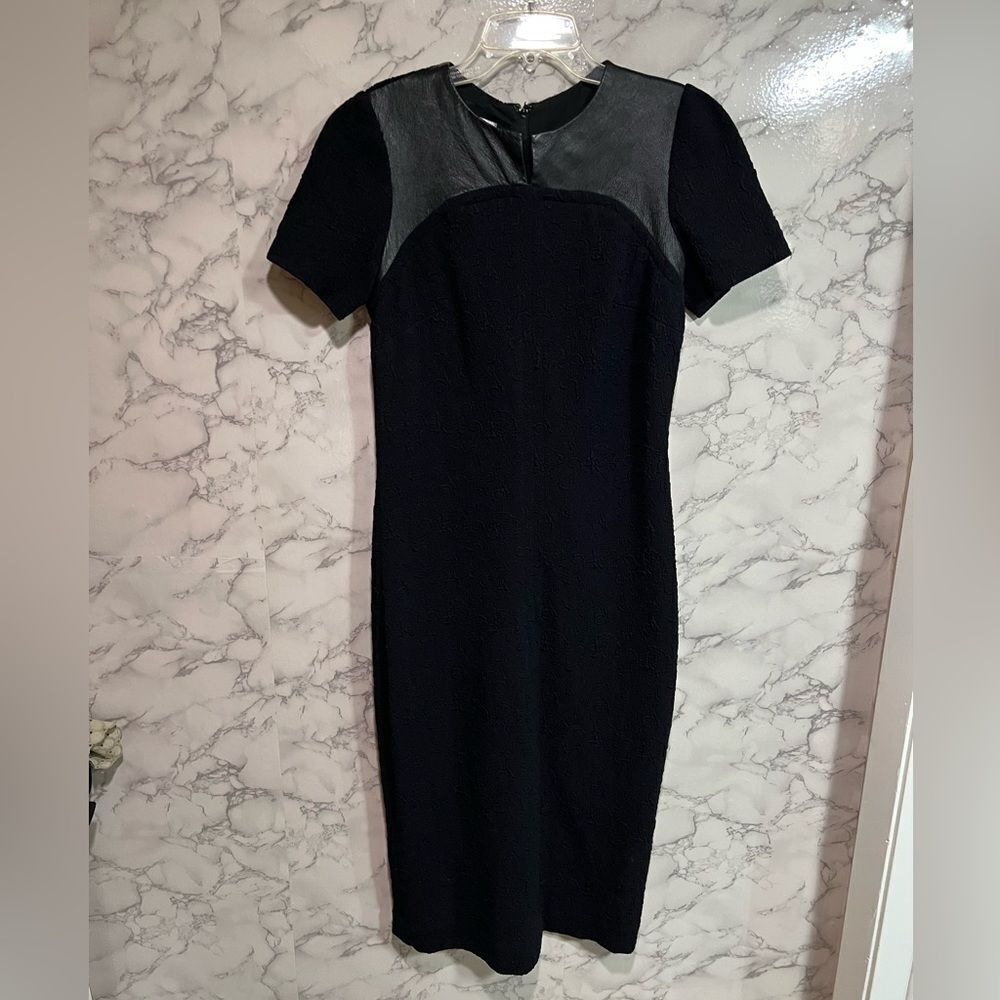 Teri Jon Sportswear Black Crepe Textured Leather Trim Sheath Dress Size 8